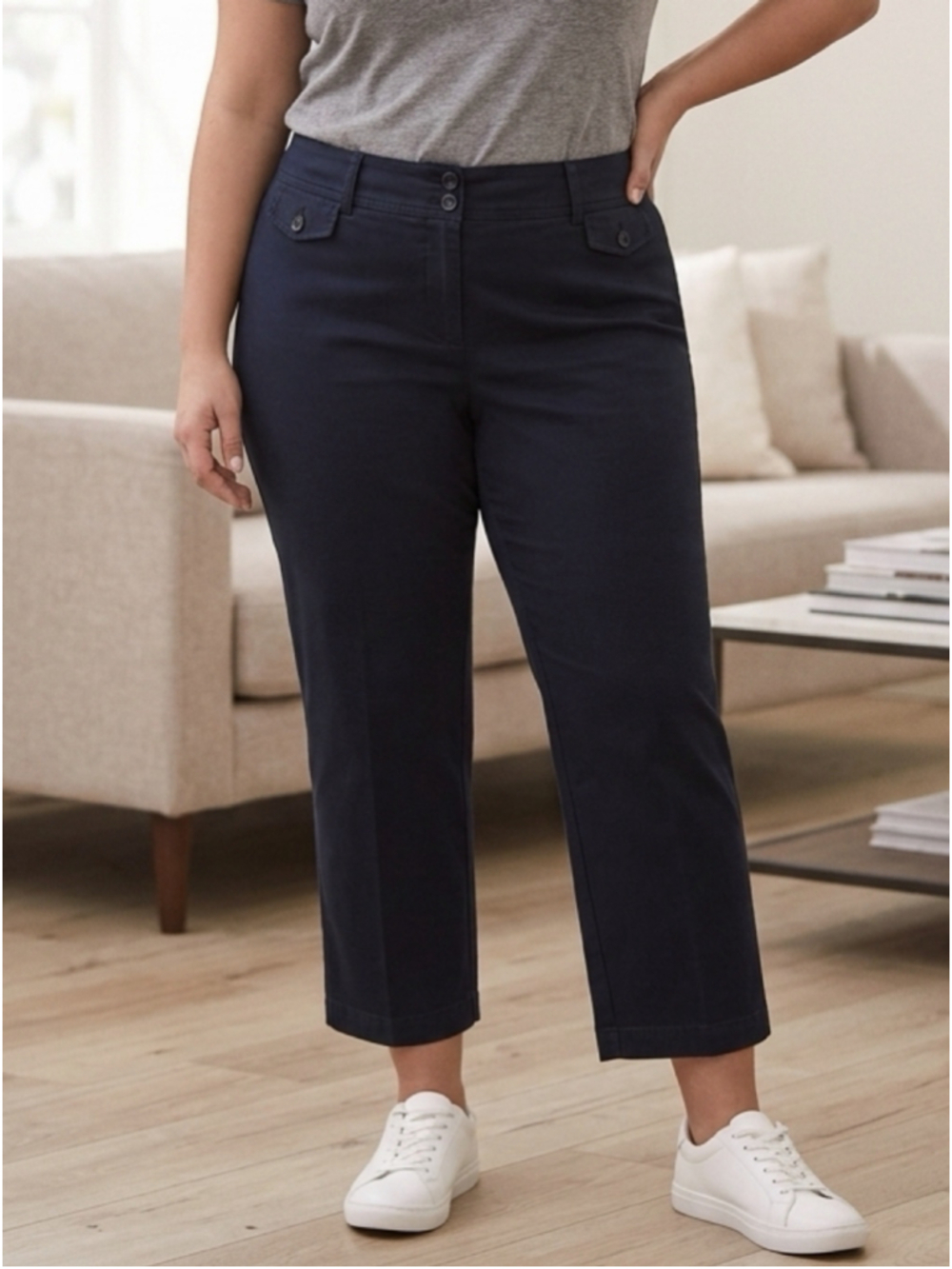 Jones New York Plus Navy Blue Cropped Straight Leg Trouser Pants Officecore 1304